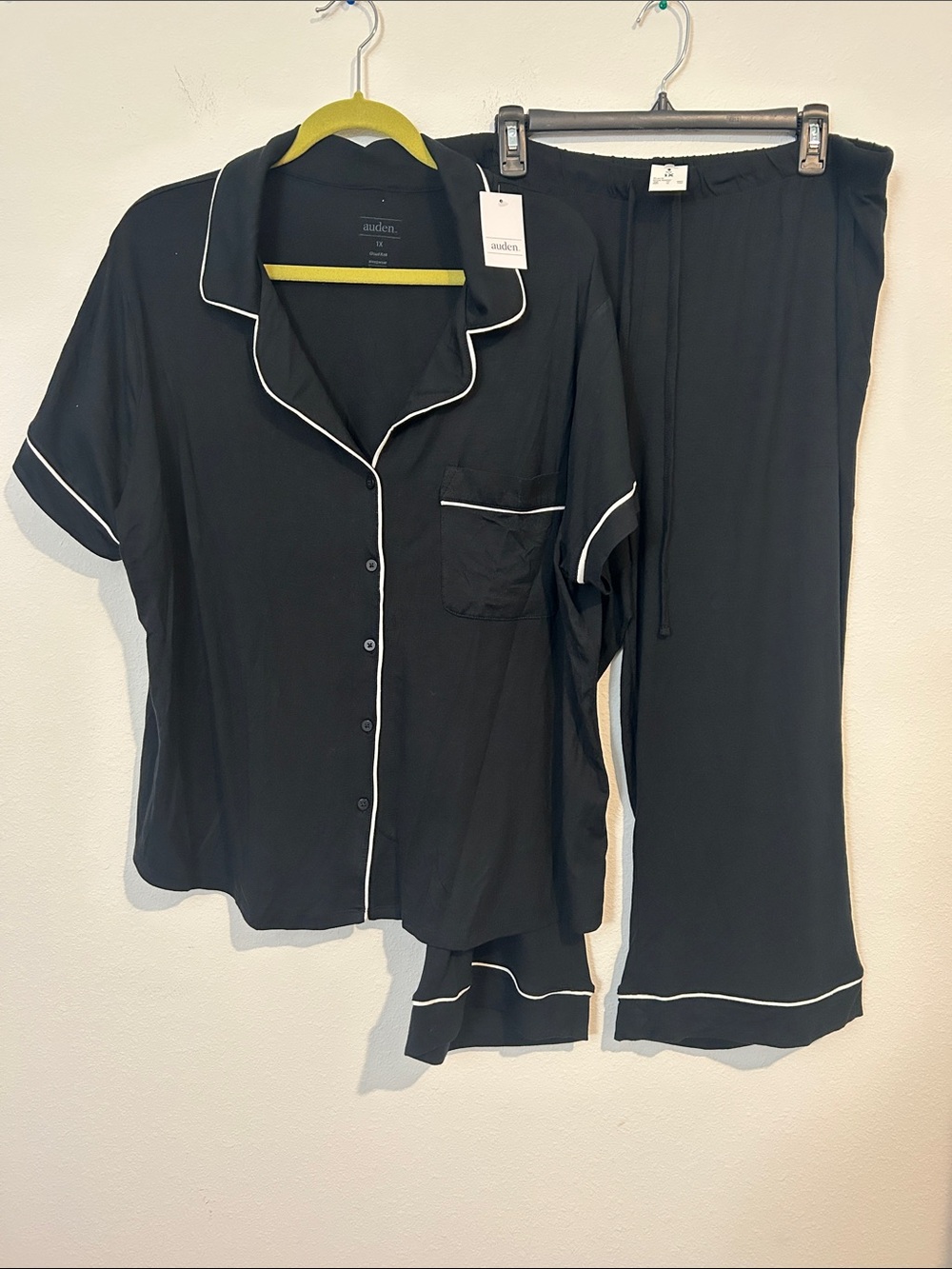 Auden Black Pajama Set with White Piping - Short Sleeve Shirt & Pants